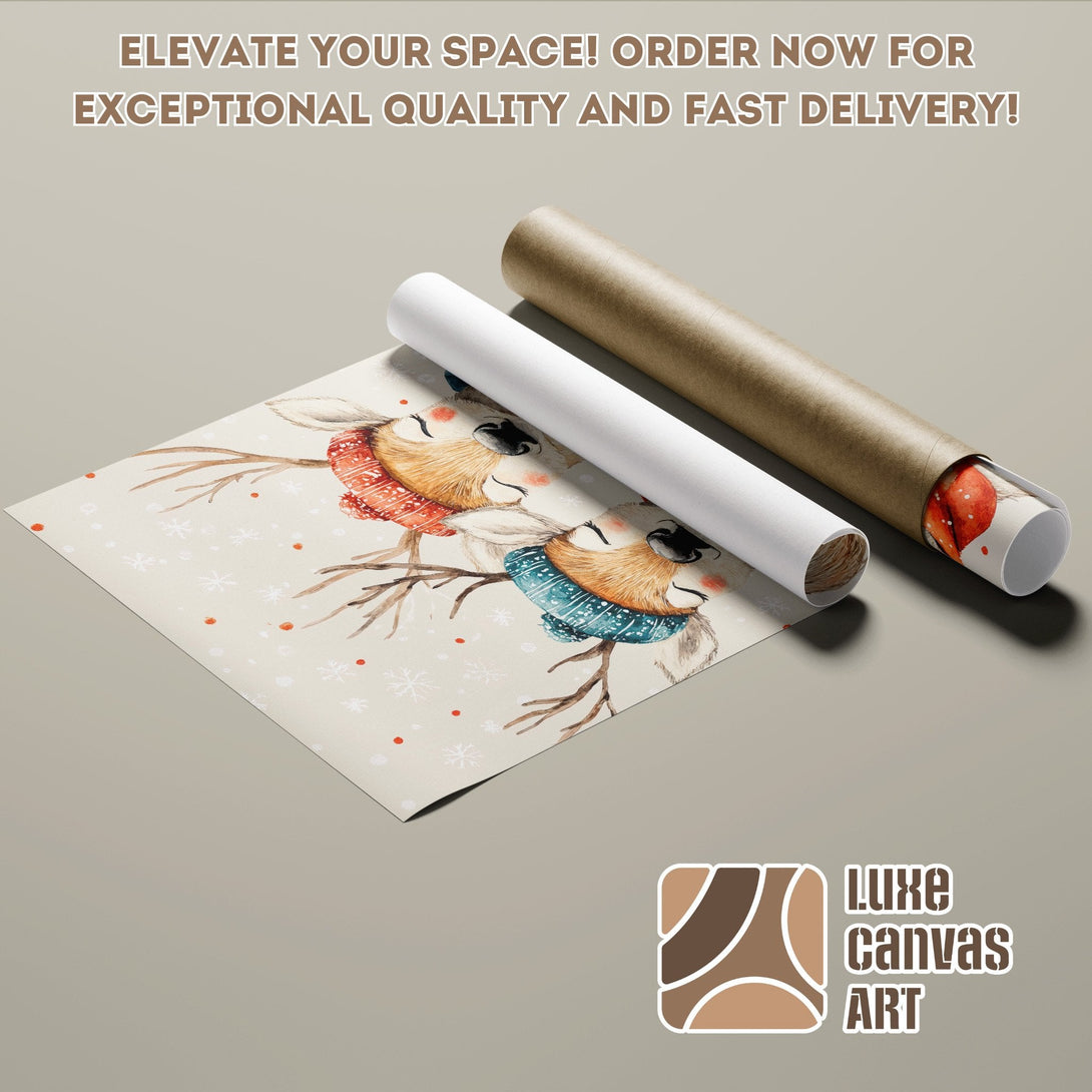 Poster Roll featuring watercolor deer art in a warm, neutral color palette. Perfect for holiday decor!