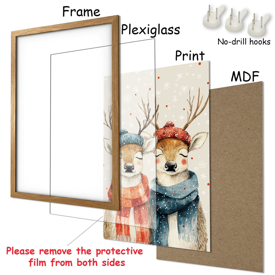 Framed Poster featuring watercolor deer in winter hats & scarves. Soft, neutral palette with pops of red & blue. Perfect wall art!