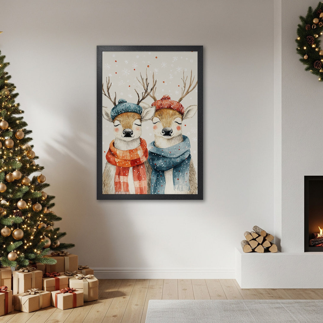 Framed Poster featuring watercolor deer in winter hats & scarves, warm color palette, perfect for holiday decor.