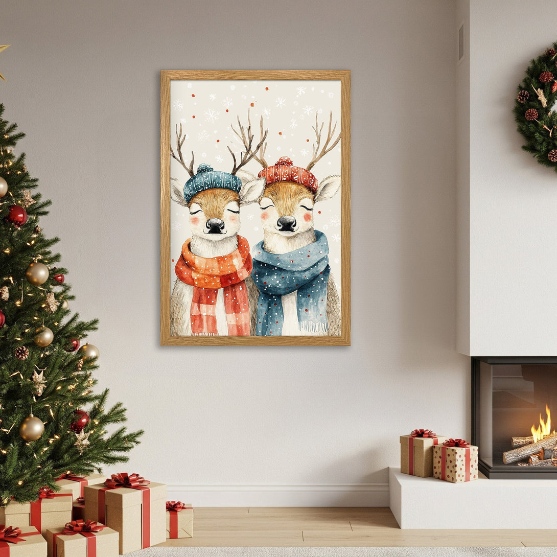 Framed Poster featuring watercolor deer in winter hats and scarves, warm color palette, perfect for holiday decor.