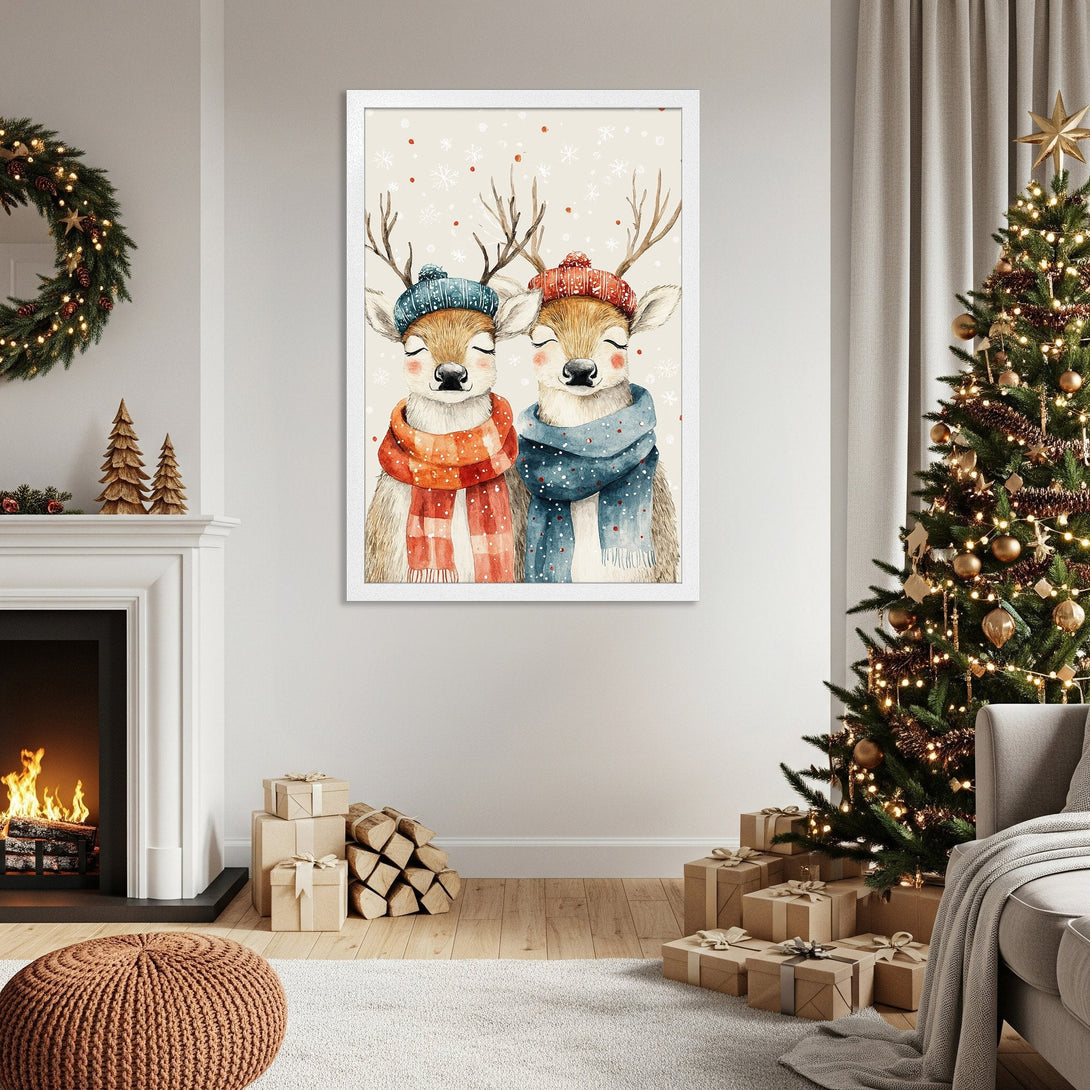 Framed Poster featuring watercolor deer in cozy winter attire. Warm, inviting color palette perfect for holiday decor.