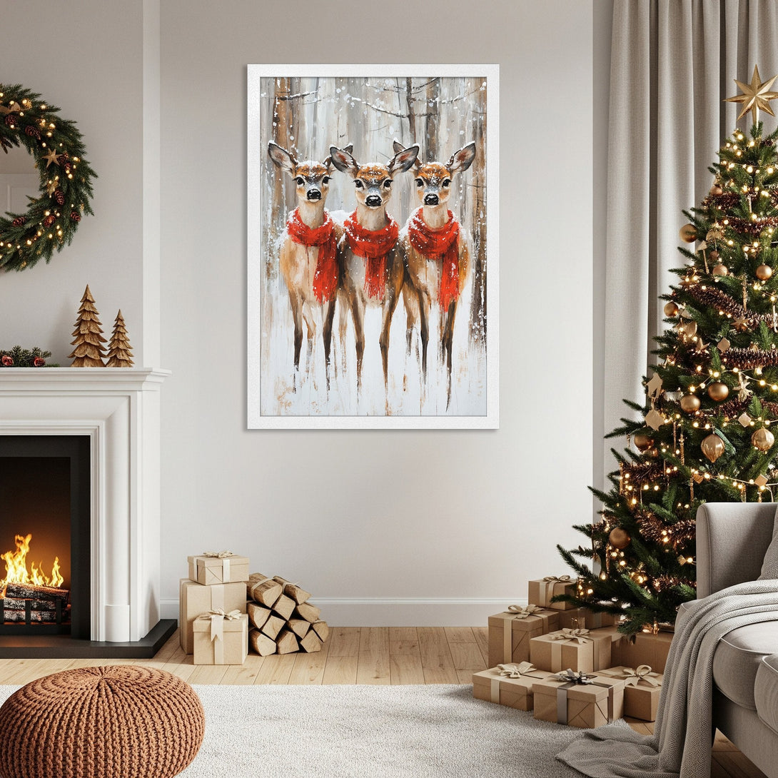 Framed Poster featuring deer with red scarves, painted in a wintery style with a warm, neutral color palette. Perfect Christmas decor!