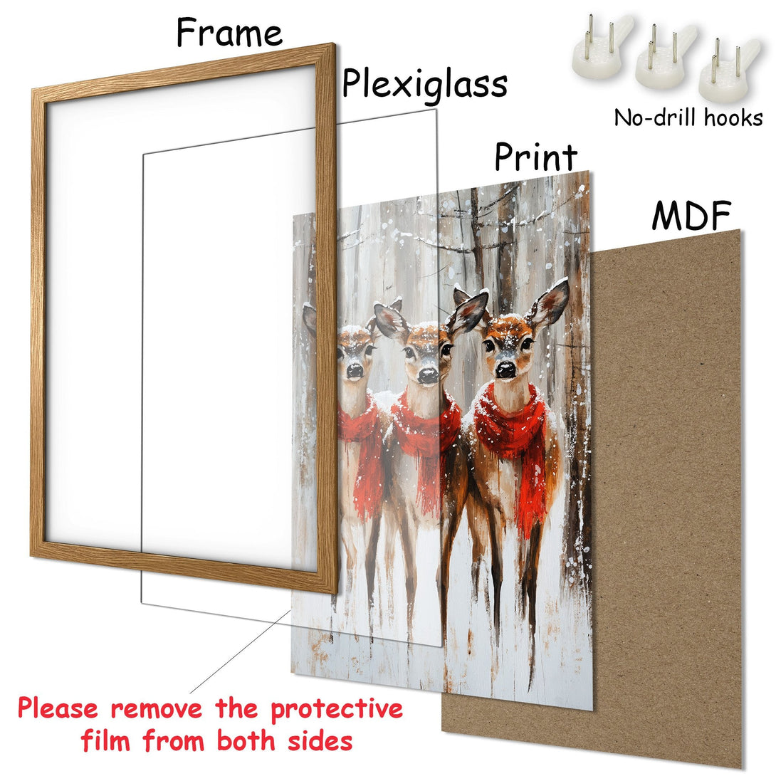 Framed Poster featuring deer in red scarves. Rustic style, neutral & warm color palette. Ready to hang art for your home!