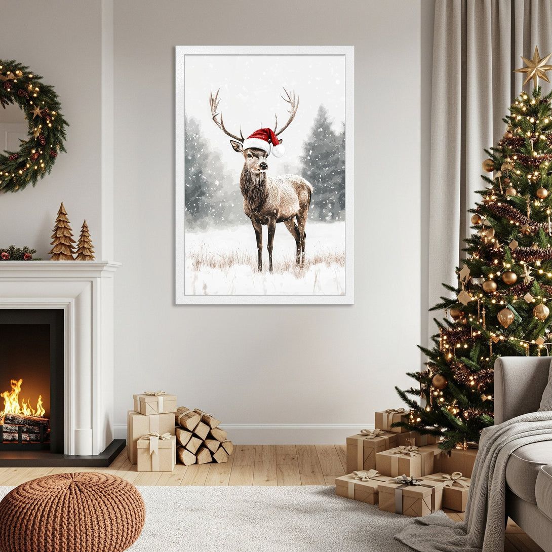 Framed Poster featuring a deer in a Santa hat, watercolor style, winter scene, neutral & warm color palette. Perfect Christmas decor!