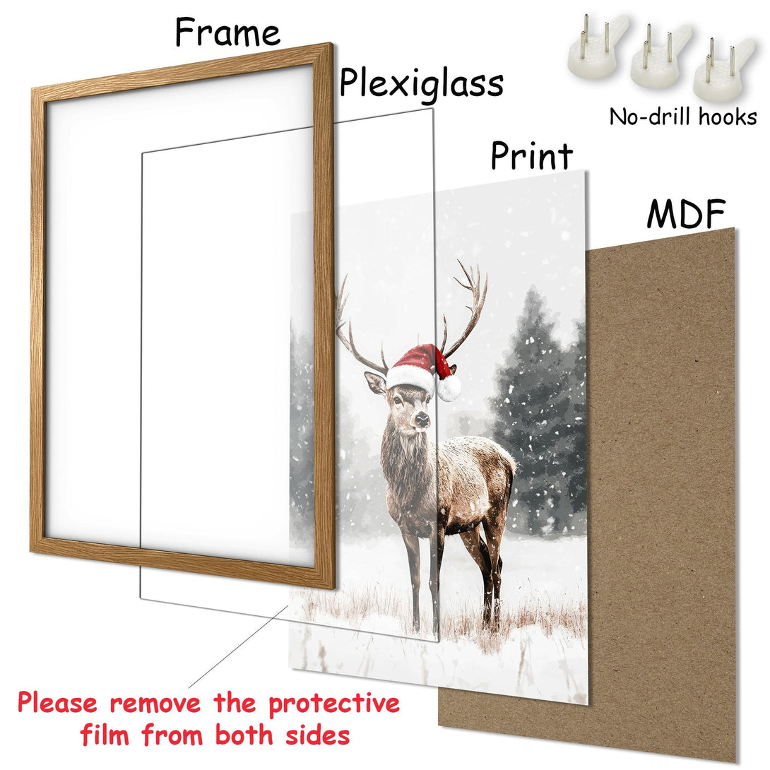Framed Poster featuring a winter deer with a Santa hat, watercolor style, neutral color palette. Perfect Christmas decor!