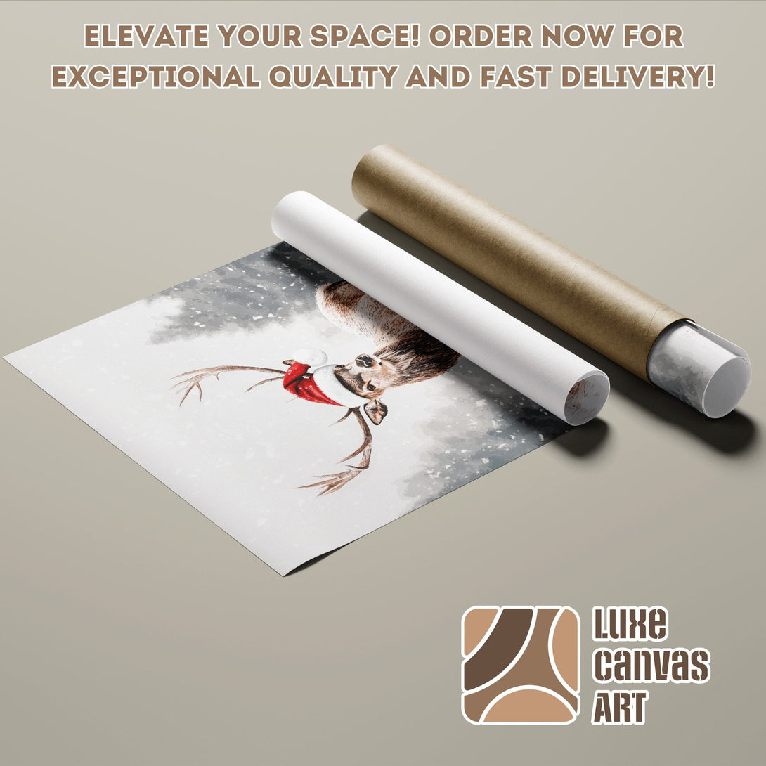 Poster Roll featuring a watercolor deer in a snowy scene, with a neutral color palette. Order now!