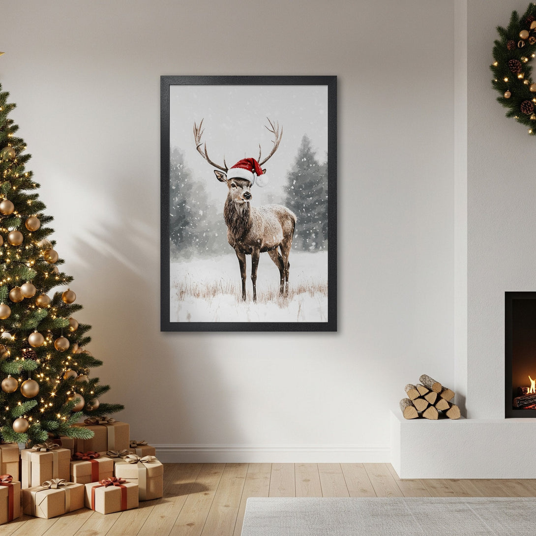 Framed Poster featuring a festive deer in a Santa hat, snowy landscape. Rustic style, neutral color palette. Perfect Christmas decor!
