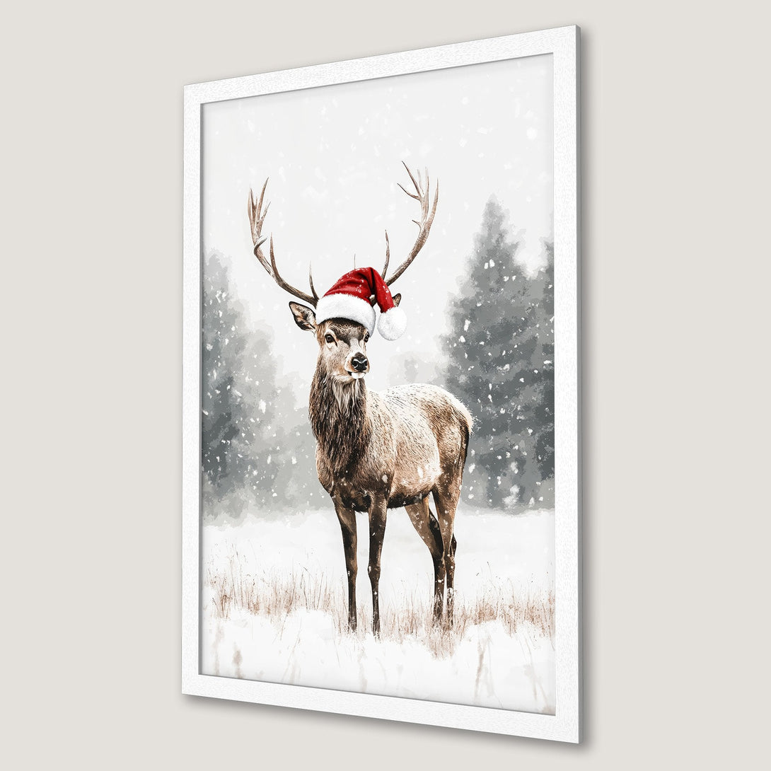 Framed Poster featuring a festive deer in a Santa hat, winter scene, watercolor style, neutral color palette. Perfect Christmas decor!