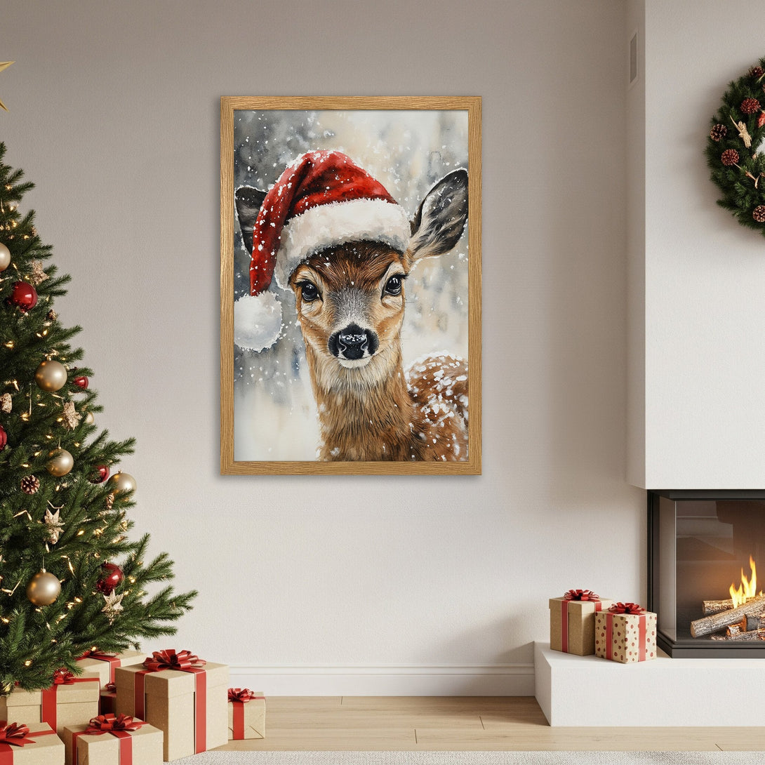 Framed Poster of a cute deer in a Santa hat. Watercolor style art, warm brown and red Christmas palette. Perfect holiday decor!