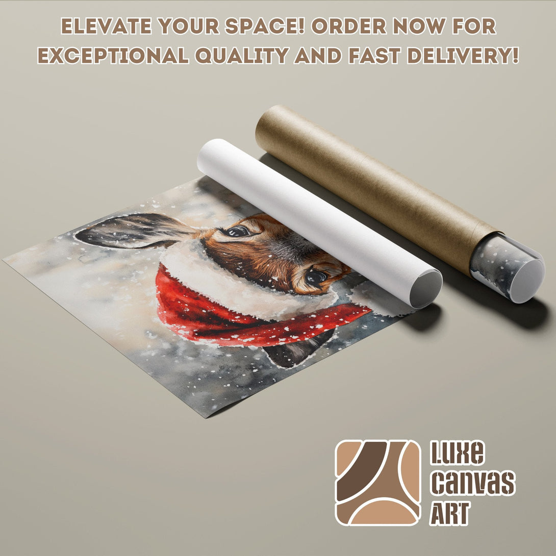 Watercolor Poster Roll featuring a deer in a red scarf, neutral color palette. Elevate your space!