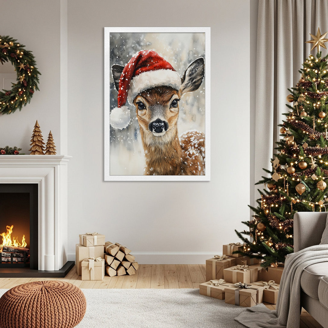 Framed Poster of a deer in a Santa hat. Watercolor style, warm brown tones with pops of red and white. Perfect Christmas decor!