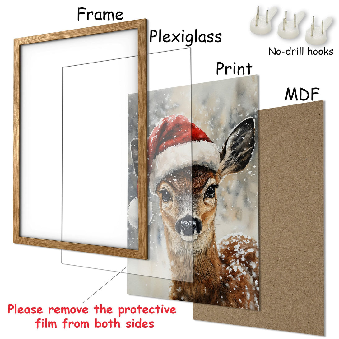 Framed Poster featuring a winter deer wearing a Santa hat. Watercolor style with brown, white, and red color palette. Perfect holiday decor!