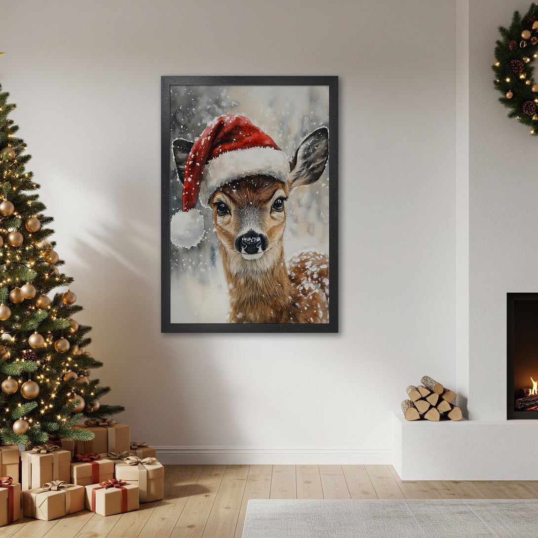 Framed Poster featuring a watercolor deer in a Santa hat. Winter scene with a warm, festive color palette. Perfect Christmas decor!
