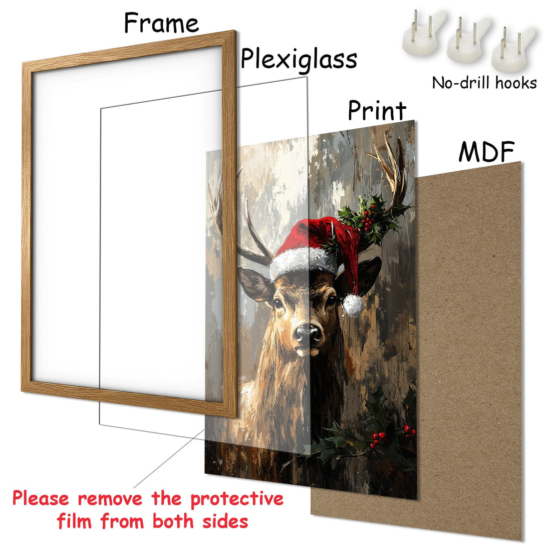 Framed Poster featuring a festive deer in a Santa hat, warm brown and red color palette, perfect holiday decor.