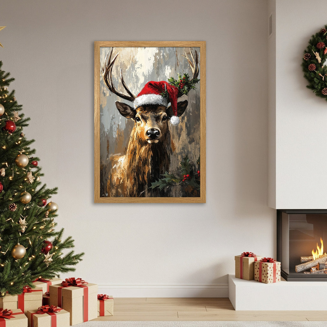 Framed Poster of a deer in a Santa hat, oil painting style, neutral & red palette. Perfect Christmas wall art!