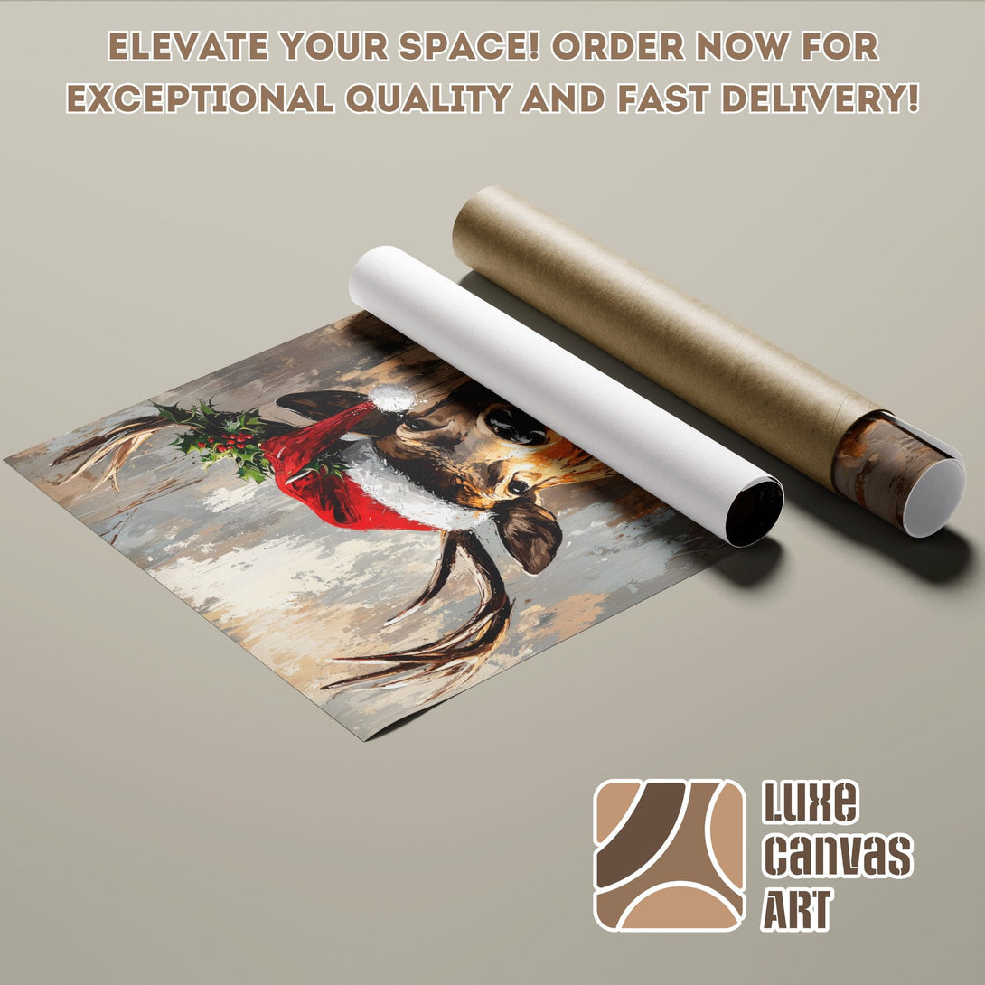 Deer in Santa hat Poster Roll, neutral palette, perfect for holiday decor. Order now!