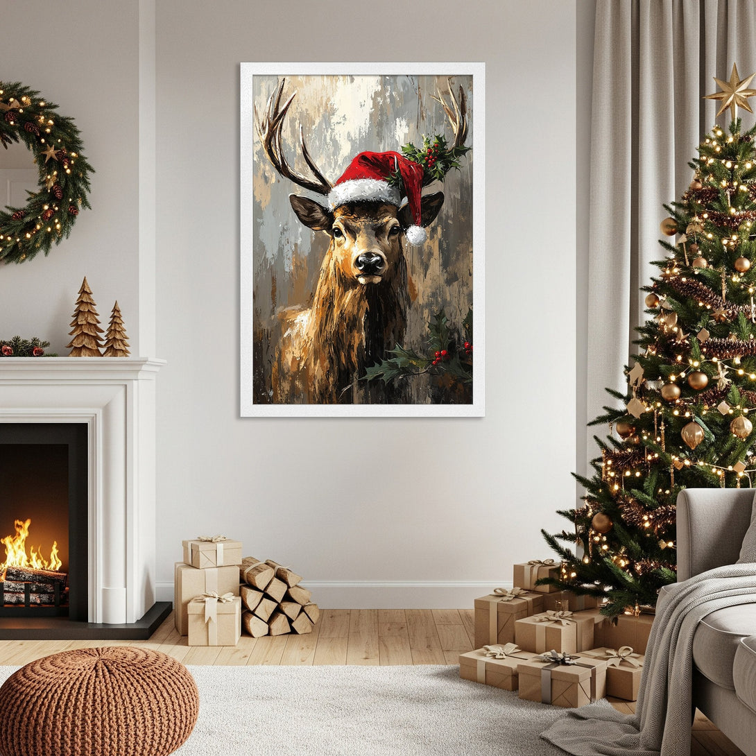 Framed Poster featuring a festive deer in a Santa hat, painted in a warm, textured style. Earthy tones with pops of red.