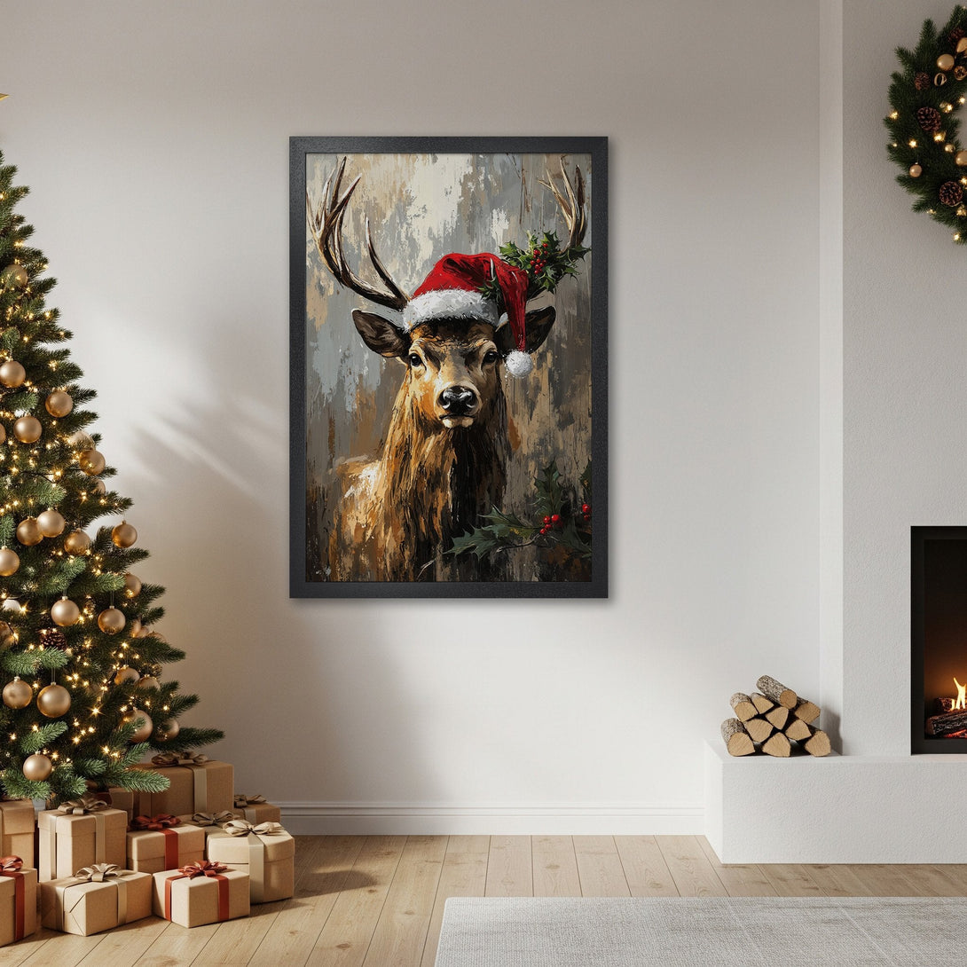 Framed Poster of a festive deer wearing a Santa hat. Abstract style with neutral and warm color palette, perfect Christmas decor.