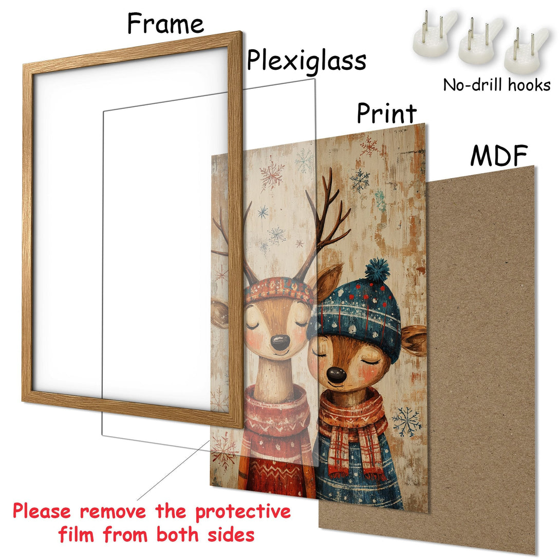 Framed Poster featuring adorable deer in winter attire. Rustic style, warm color palette. Perfect for cozy decor!