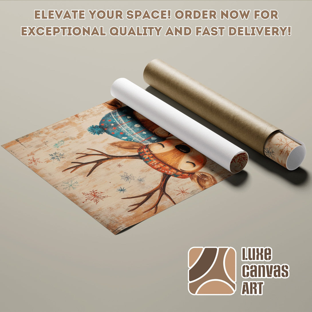Poster Roll featuring a charming deer in a rustic style with a warm, neutral color palette. Perfect for holiday decor!