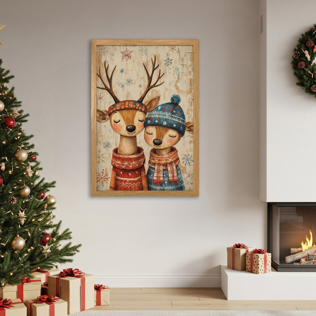 Framed Poster featuring two adorable deer in winter attire, warm color palette perfect for Christmas decor.