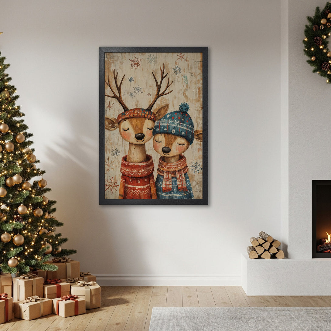 Framed Poster featuring adorable deer in cozy sweaters, whimsical style, warm color palette perfect for holiday decor.