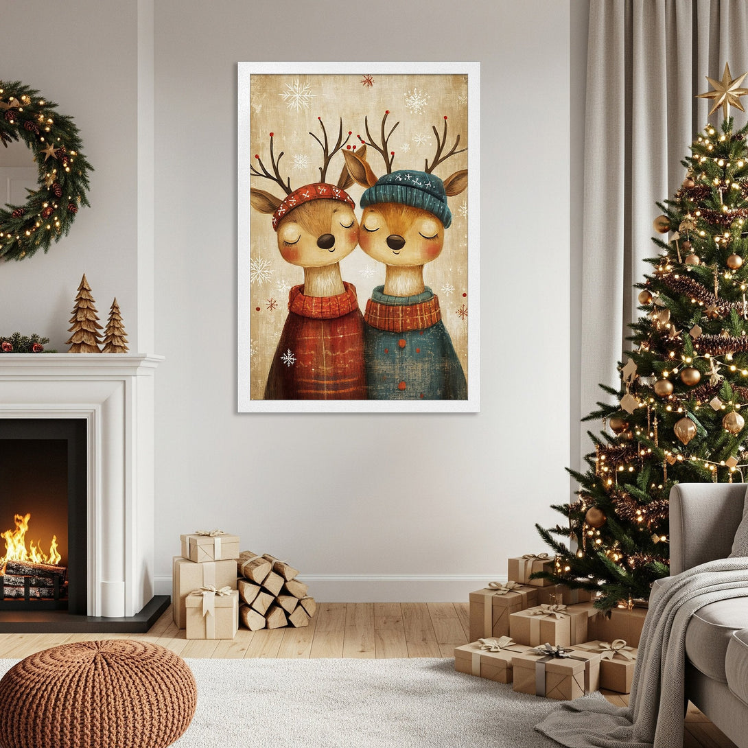 Framed Poster featuring adorable deer in cozy sweaters, warm neutral tones perfect for holiday decor.