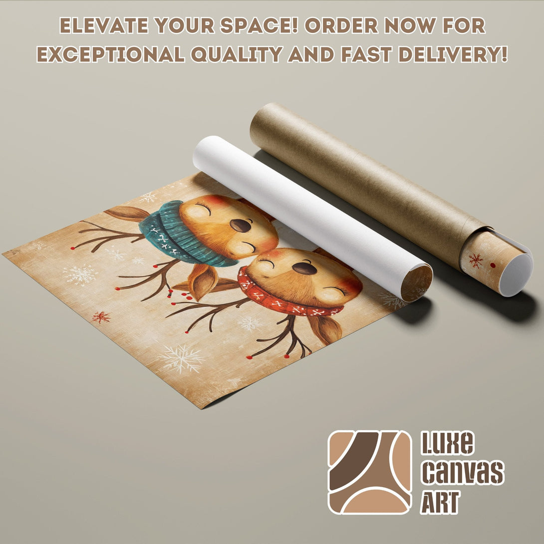 Cute reindeer poster roll, vintage style, warm brown & teal palette. Perfect holiday decor!
