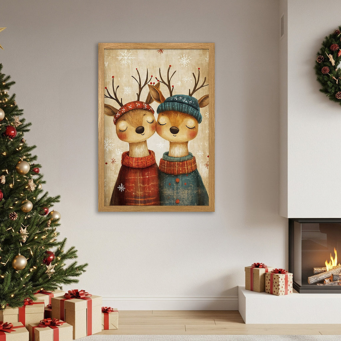 Framed Poster featuring adorable deer couple in cozy winter attire, perfect for Christmas decor. Warm, inviting color palette.