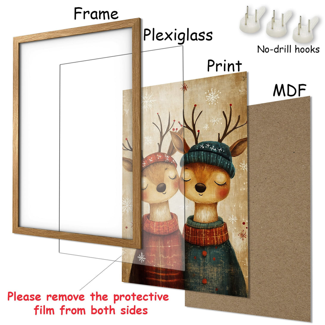 Framed Poster featuring adorable deer in winter attire. Warm, inviting color palette with a rustic style. Perfect for cozy home decor!
