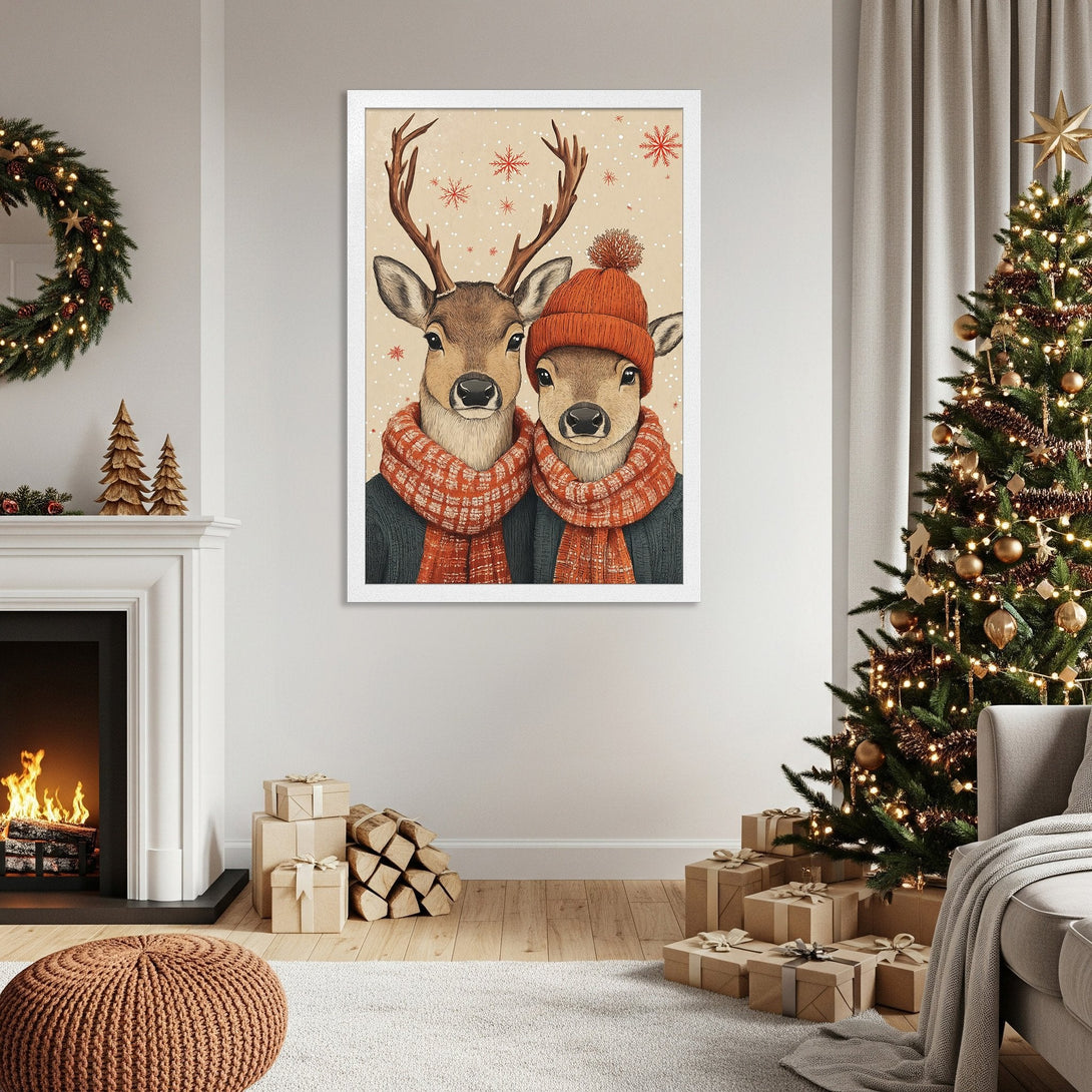 Framed Poster featuring two deer in winter attire, whimsical style with warm orange and neutral tones, perfect for holiday decor.