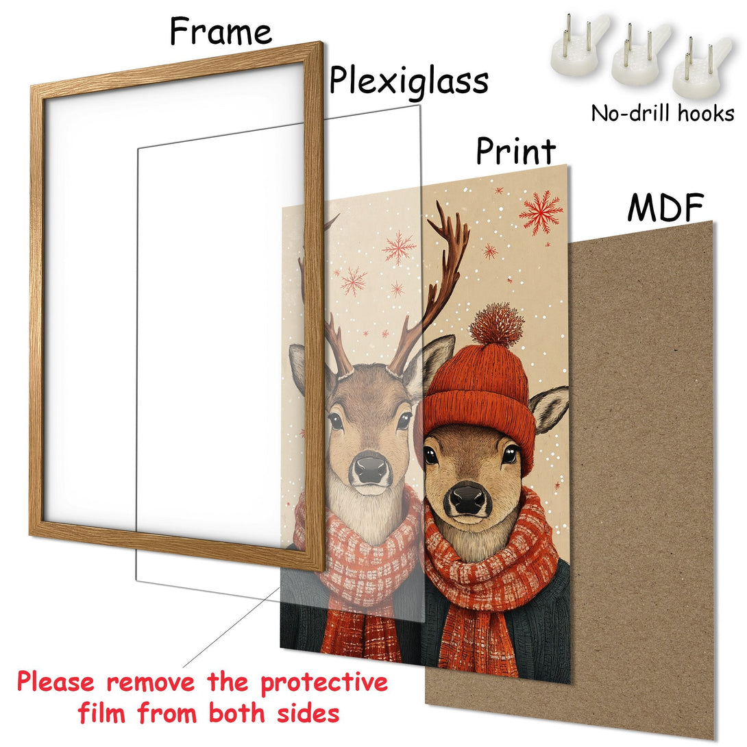 Framed Poster featuring adorable deer in a warm, cozy style with a brown and orange color palette. Perfect for holiday decor!
