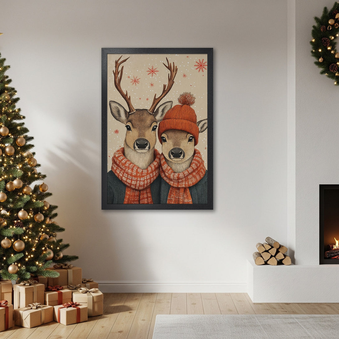Framed Poster featuring a charming illustration of two deer in winter attire. Warm, festive color palette perfect for holiday decor.