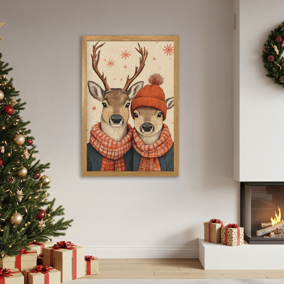 Framed Poster of adorable deer in winter attire, warm color palette, perfect for holiday decor.