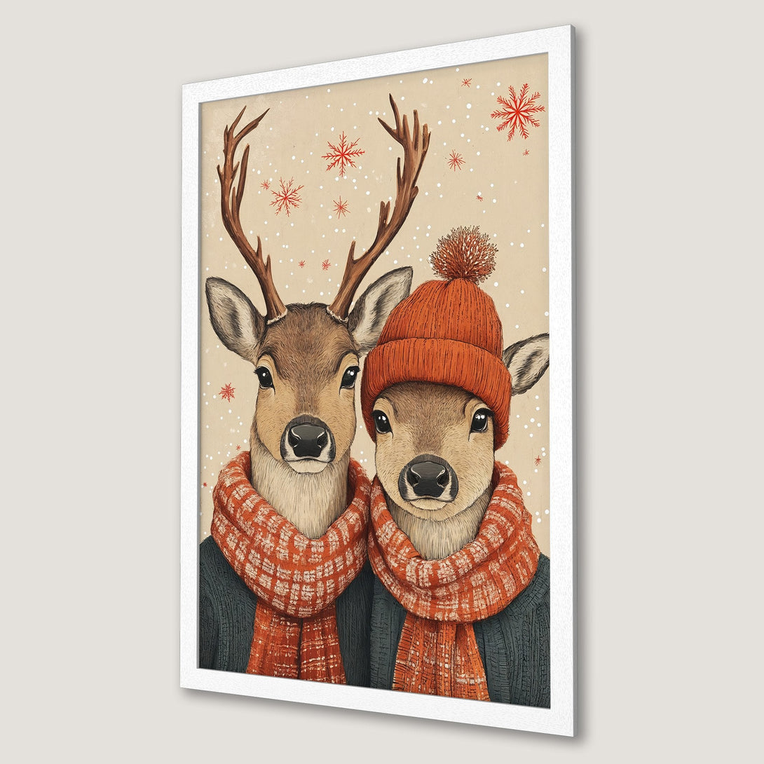Framed Poster featuring two deer in winter attire, warm orange and red accents on a neutral background. Cozy, whimsical art style.