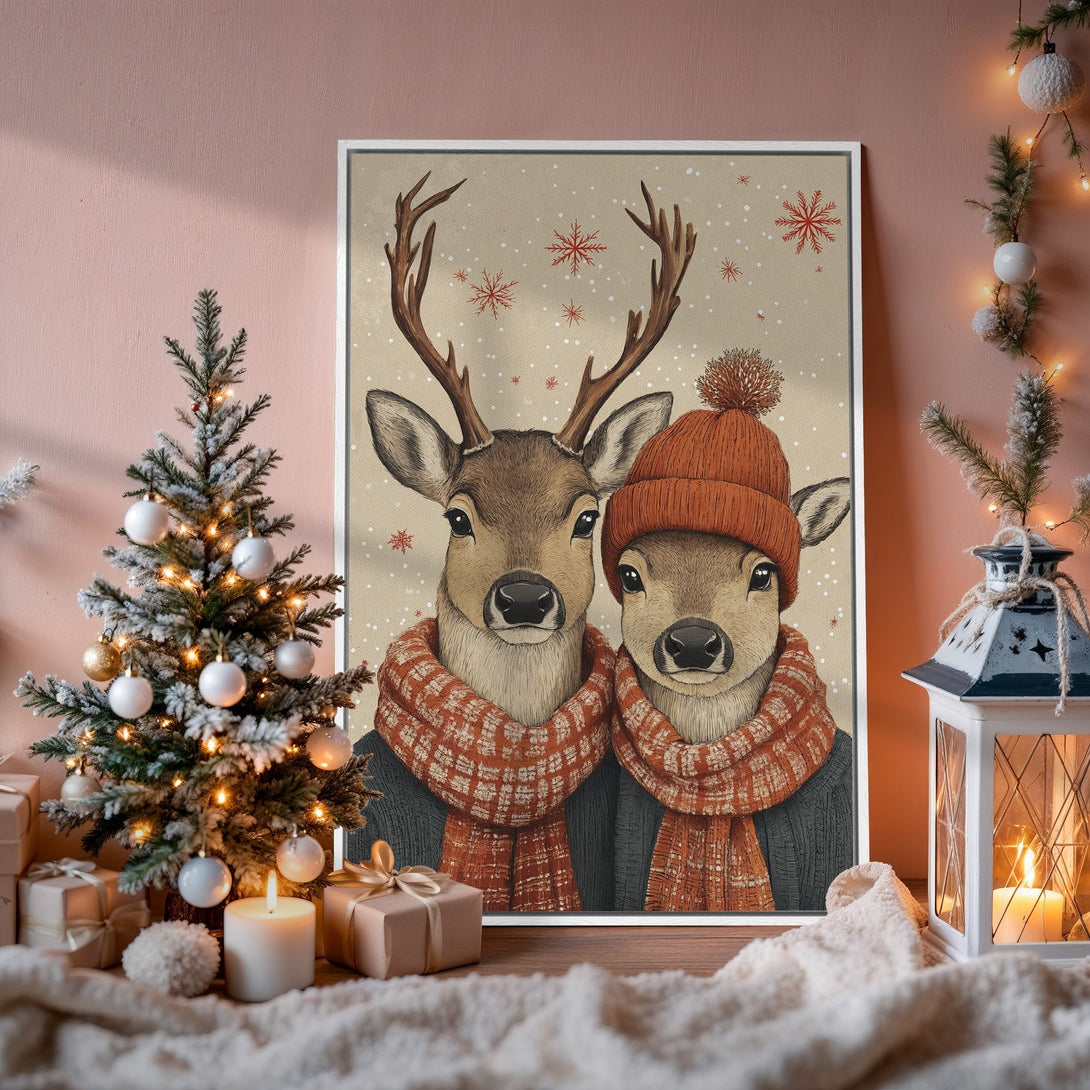 Framed Wall Art: Adorable deer illustration in warm, cozy tones. Perfect for holiday decor! Featuring a rustic style and a palette of browns, oranges, and creams.