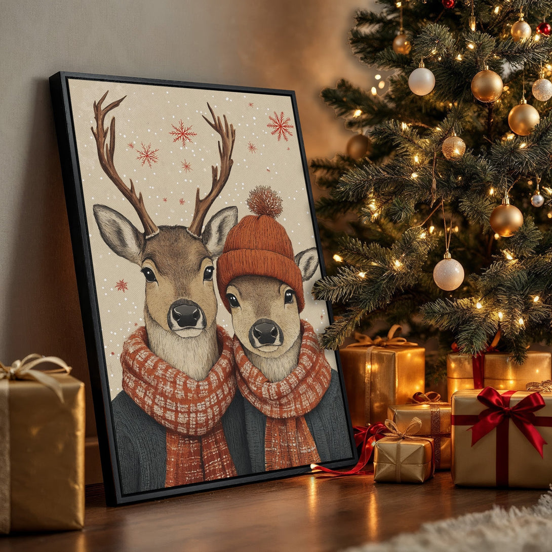 Framed Wall Art featuring adorable deer in winter attire. Warm, inviting color palette with red and brown tones. Perfect Christmas decor.