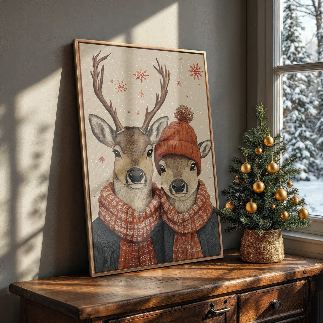 Framed Wall Art featuring two deer in winter attire, warm color palette. Perfect for cozy holiday decor!