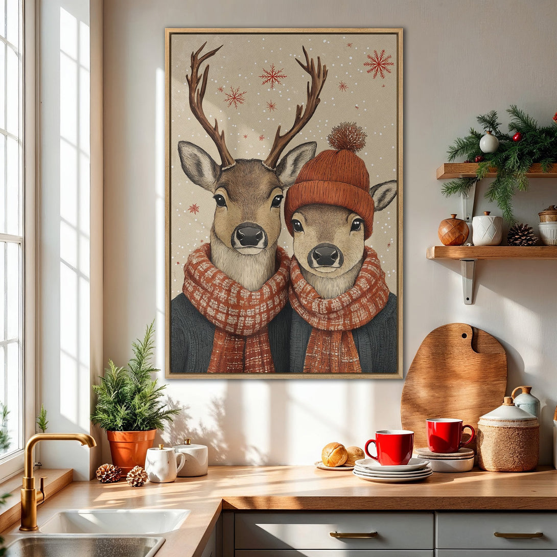 Framed Wall Art: Adorable deer couple in winter attire. Warm, inviting color palette with red and brown accents. Perfect for cozy holiday decor.