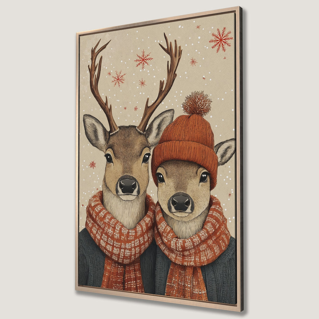 Framed Wall Art: Adorable deer illustration in warm tones. Rustic style Canvas Print with cozy orange and brown color palette, perfect for holiday decor.