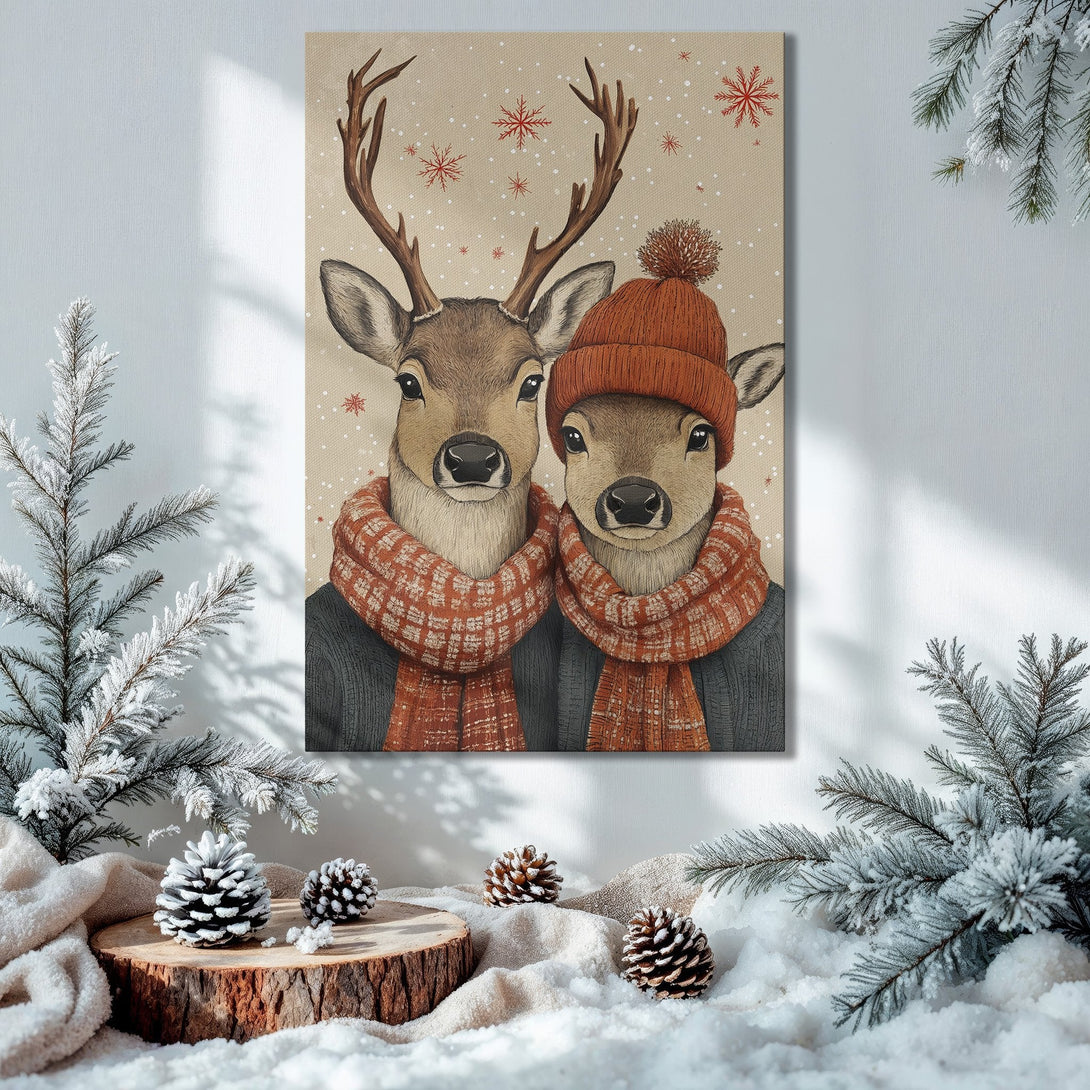 Framed Wall Art featuring cozy deer illustration in warm tones. Perfect for holiday decor! Rustic style, inviting color palette.