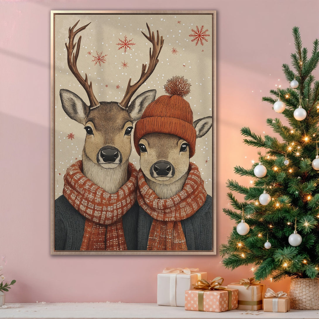 Framed Wall Art: Cozy winter deer illustration in warm orange and brown tones. Perfect Christmas decor for a festive and inviting space.