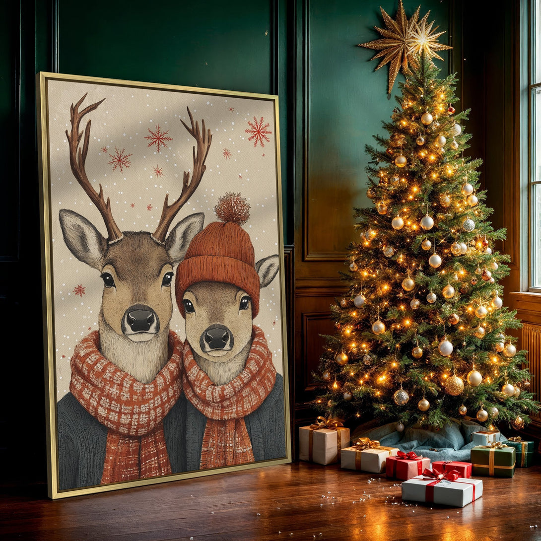 Canvas Print of two deer in winter attire, warm color palette. Cozy art for your home.