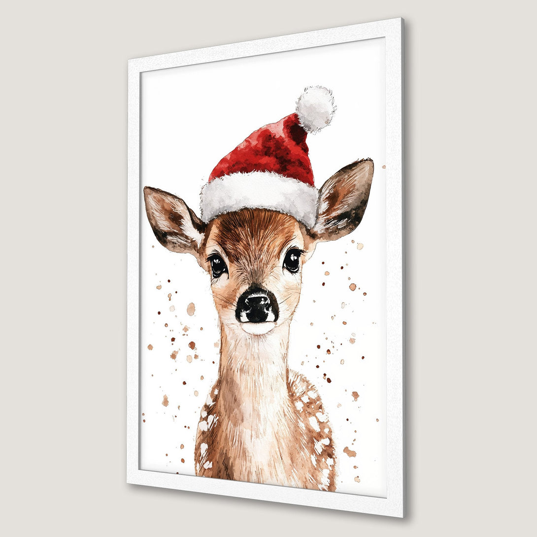 Framed Poster of a cute deer wearing a Santa hat. Watercolor style art with brown, red, and white color palette. Perfect Christmas decor.