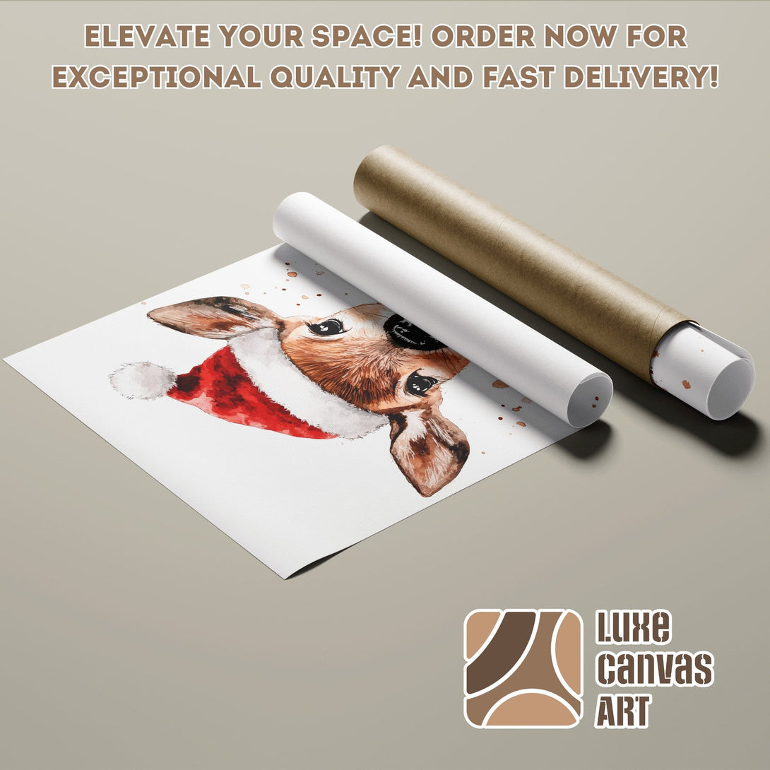 Watercolor Poster Roll featuring a cute puppy in a Santa hat. Warm brown and red palette. Order yours today!
