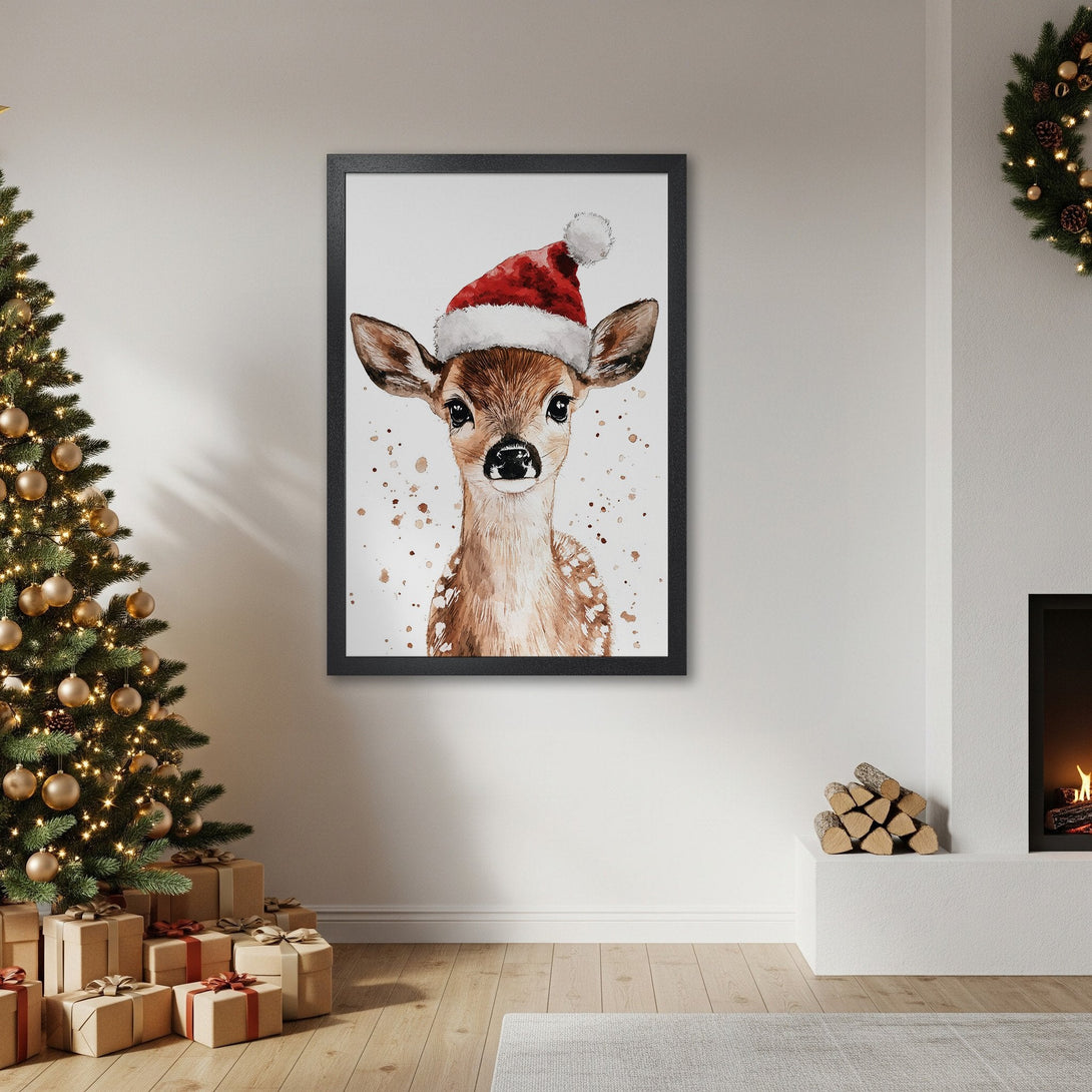 Framed Poster of a cute deer in a Santa hat, watercolor style, warm brown & red tones, perfect Christmas decor.
