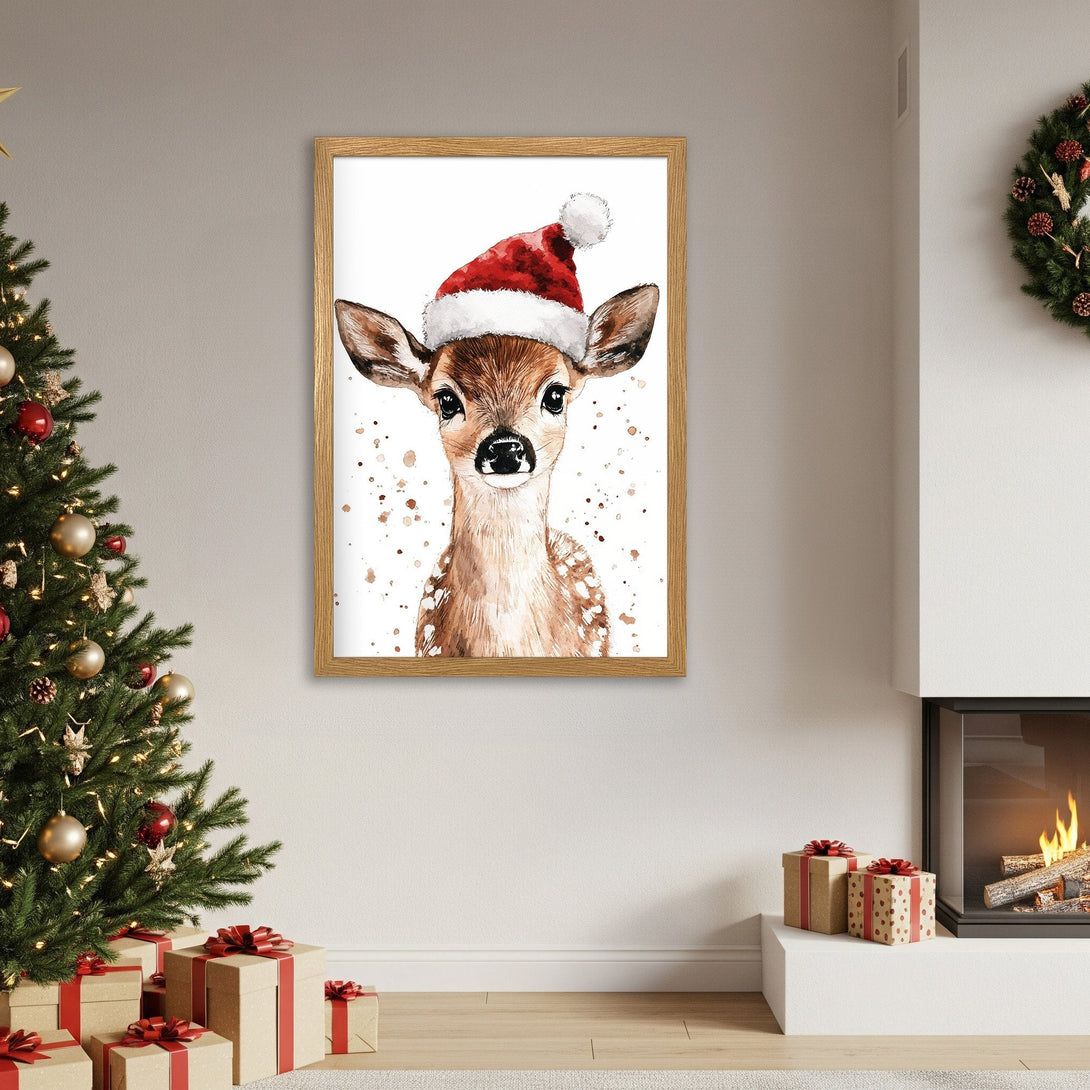 Framed Poster featuring a watercolor deer in a Santa hat. Festive holiday art with warm brown & red tones. Perfect Christmas decor.