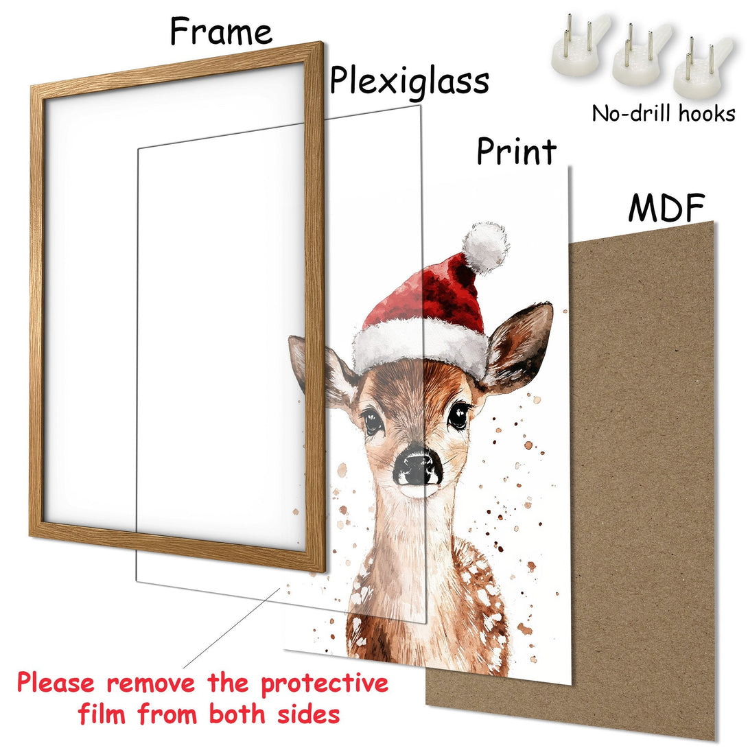 Framed Poster featuring a watercolor deer in a Santa hat. Warm brown and red color palette, perfect for holiday decor.
