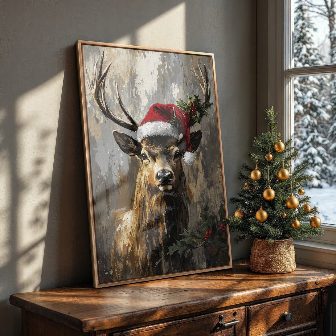 Framed Wall Art: Festive deer in a Santa hat. Abstract style, warm brown, gray, and red color palette. Perfect holiday decor.