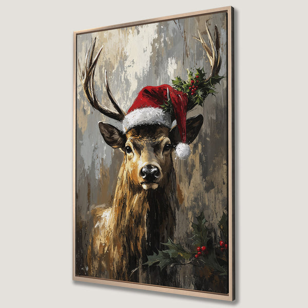 Framed Wall Art: Festive deer wearing a Santa hat. Rustic, textured painting with warm brown, gray, and red tones. Perfect Christmas decor!